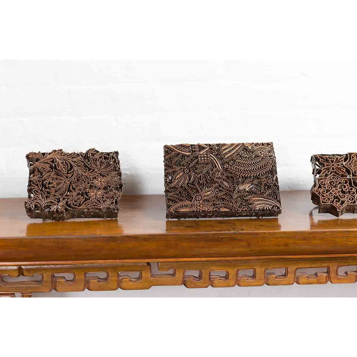 Five Vintage Indonesian Copper Batik Textile Floral Printing Blocks with Handles-9. Asian & Chinese Furniture, Art, Antiques, Vintage Home Décor for sale at FEA Home