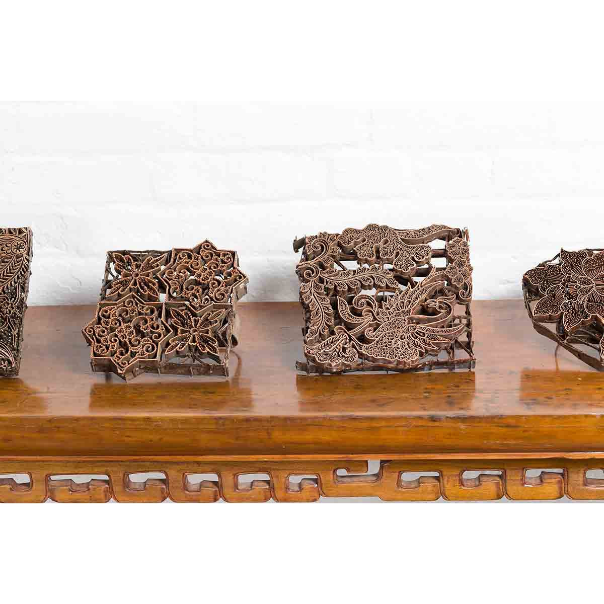 Five Vintage Indonesian Copper Batik Textile Floral Printing Blocks with Handles-10. Asian & Chinese Furniture, Art, Antiques, Vintage Home Décor for sale at FEA Home