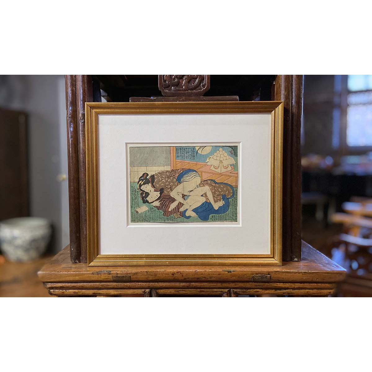 Antique Framed Japanese Shunga Woodblock Print of Two Women Making Love-3. Asian & Chinese Furniture, Art, Antiques, Vintage Home Décor for sale at FEA Home