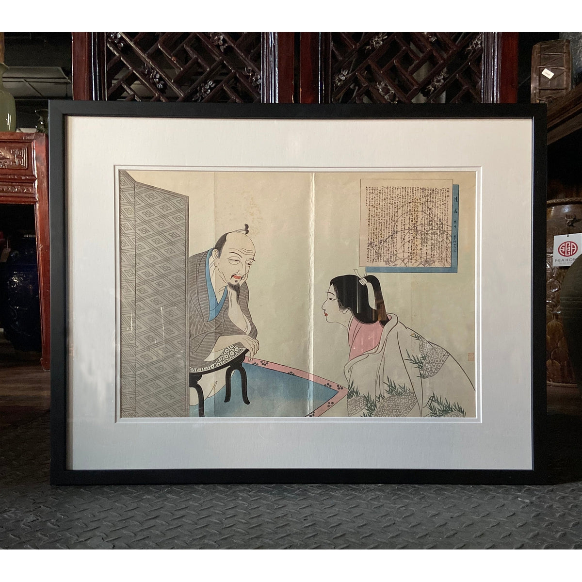 Antique Japanese Framed Woodblock Print Depicting a Man and Woman Discussing-11. Asian & Chinese Furniture, Art, Antiques, Vintage Home Décor for sale at FEA Home