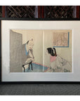 Antique Japanese Framed Woodblock Print Depicting a Man and Woman Discussing-11. Asian & Chinese Furniture, Art, Antiques, Vintage Home Décor for sale at FEA Home