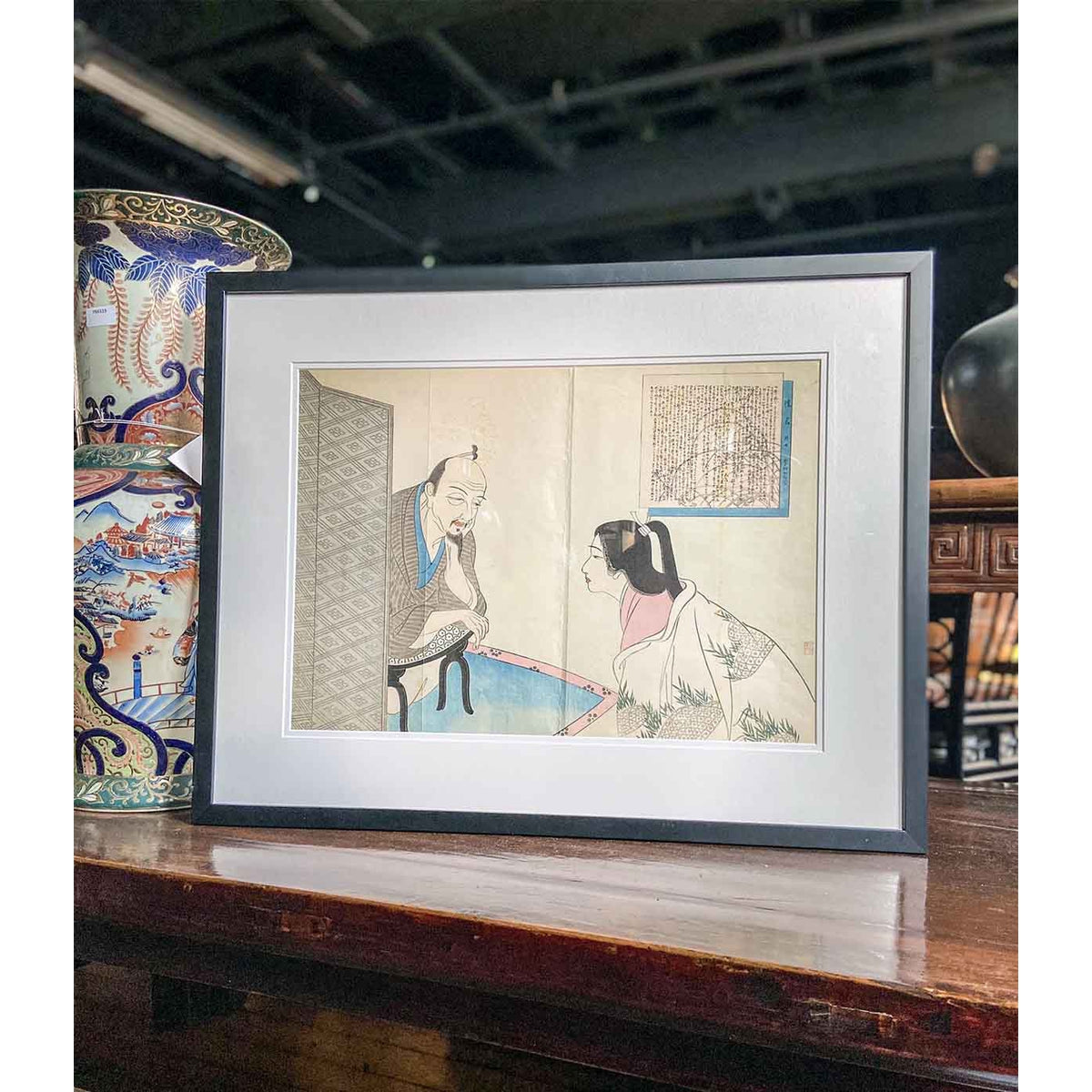 Antique Japanese Framed Woodblock Print Depicting a Man and Woman Discussing-3. Asian & Chinese Furniture, Art, Antiques, Vintage Home Décor for sale at FEA Home