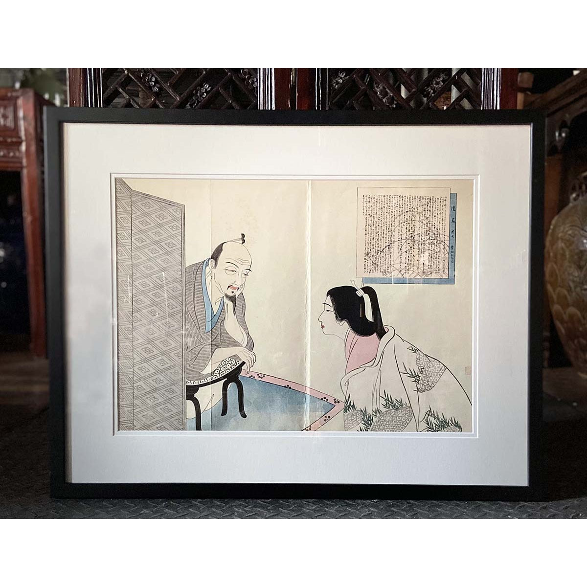 Antique Japanese Framed Woodblock Print Depicting a Man and Woman Discussing-4. Asian & Chinese Furniture, Art, Antiques, Vintage Home Décor for sale at FEA Home
