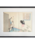 Antique Japanese Framed Woodblock Print Depicting a Man and Woman Discussing-1. Asian & Chinese Furniture, Art, Antiques, Vintage Home Décor for sale at FEA Home