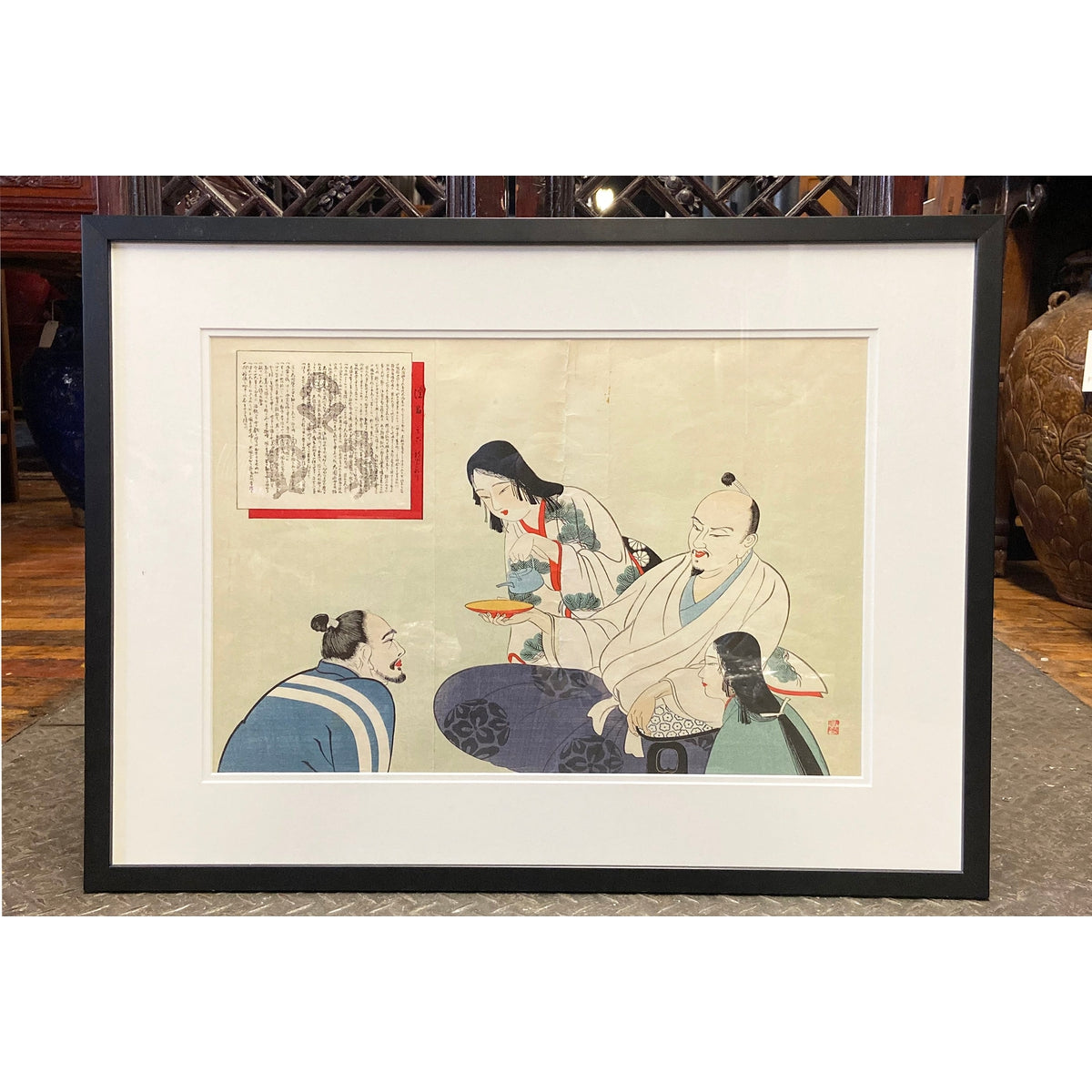19th Century Japanese Woodblock Print Depicting Monks Having Tea, in Black Frame-5. Asian & Chinese Furniture, Art, Antiques, Vintage Home Décor for sale at FEA Home