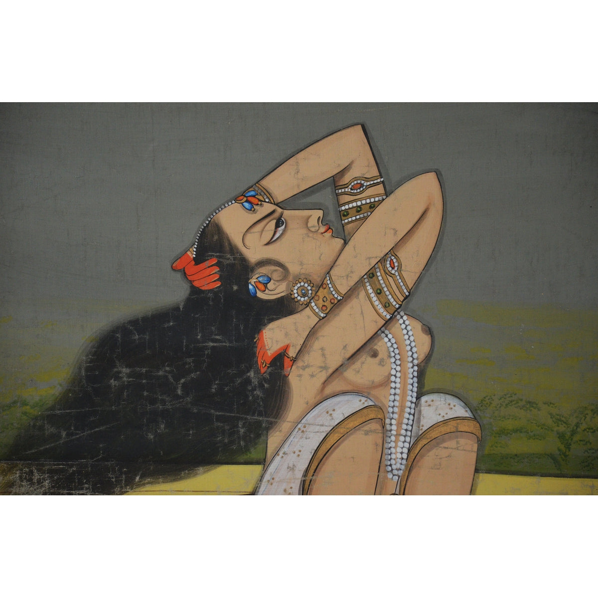 Large Vintage Indian Hand-Painted Woman Dancer Mounted on a Bamboo Style Frame-3. Asian & Chinese Furniture, Art, Antiques, Vintage Home Décor for sale at FEA Home