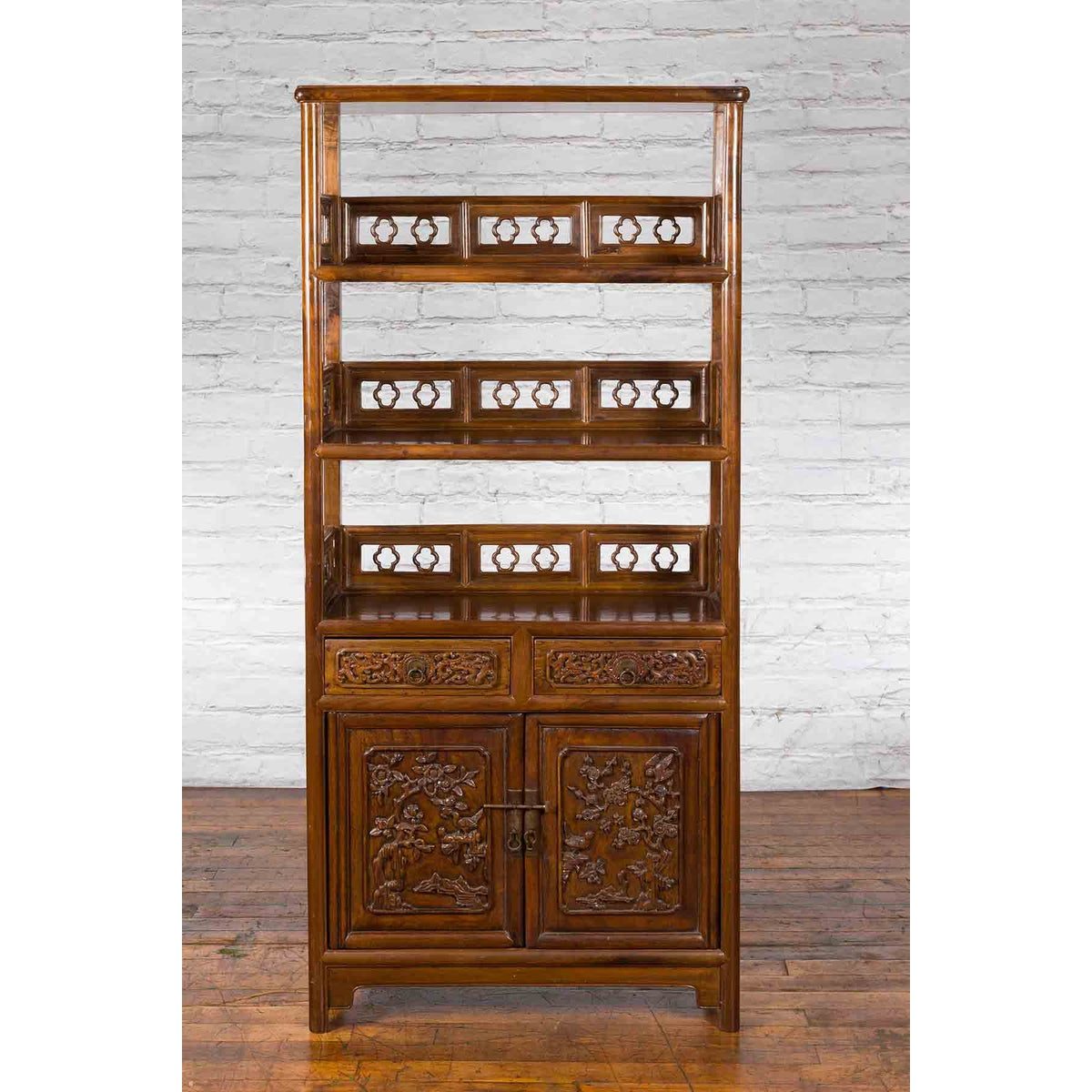 Chinese Early 20th Century Bookcase with Open Shelves, Drawer and Carved Doors-3. Asian & Chinese Furniture, Art, Antiques, Vintage Home Décor for sale at FEA Home