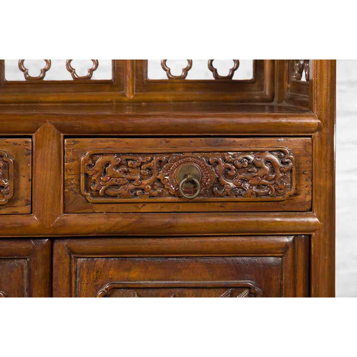 Chinese Early 20th Century Bookcase with Open Shelves, Drawer and Carved Doors-13. Asian & Chinese Furniture, Art, Antiques, Vintage Home Décor for sale at FEA Home