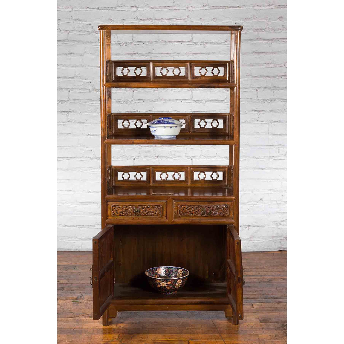 Chinese Early 20th Century Bookcase with Open Shelves, Drawer and Carved Doors-4. Asian & Chinese Furniture, Art, Antiques, Vintage Home Décor for sale at FEA Home