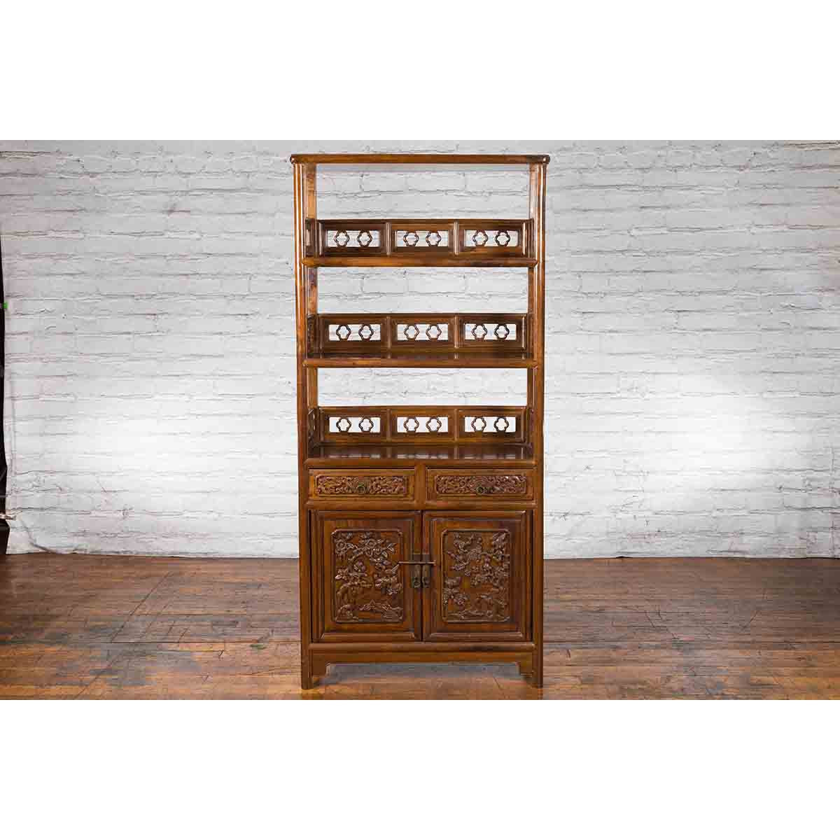 Chinese Early 20th Century Bookcase with Open Shelves, Drawer and Carved Doors-5. Asian & Chinese Furniture, Art, Antiques, Vintage Home Décor for sale at FEA Home