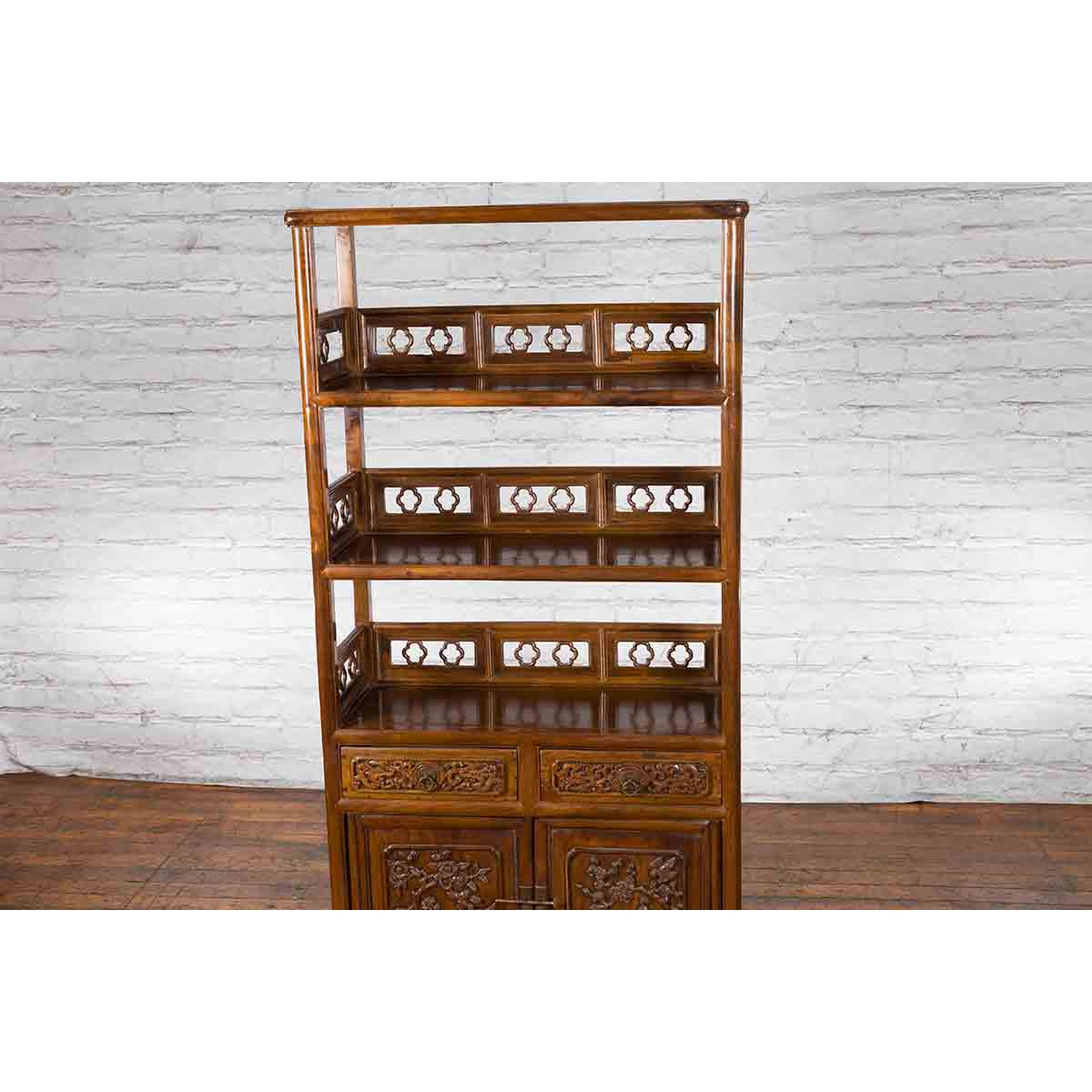 Chinese Early 20th Century Bookcase with Open Shelves, Drawer and Carved Doors-9. Asian & Chinese Furniture, Art, Antiques, Vintage Home Décor for sale at FEA Home