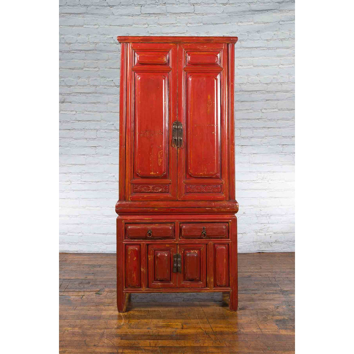 Qing Dynasty 19th Century Red Lacquer Compound Cabinet with Raised Panels-2. Asian & Chinese Furniture, Art, Antiques, Vintage Home Décor for sale at FEA Home