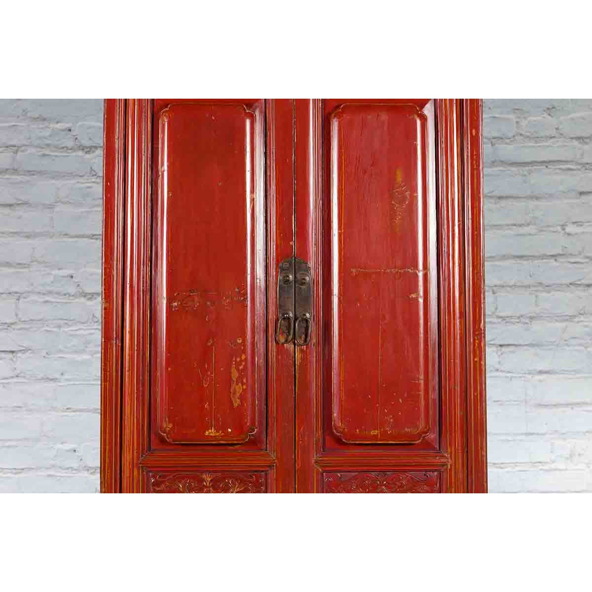 Qing Dynasty 19th Century Red Lacquer Compound Cabinet with Raised Panels-10. Asian & Chinese Furniture, Art, Antiques, Vintage Home Décor for sale at FEA Home