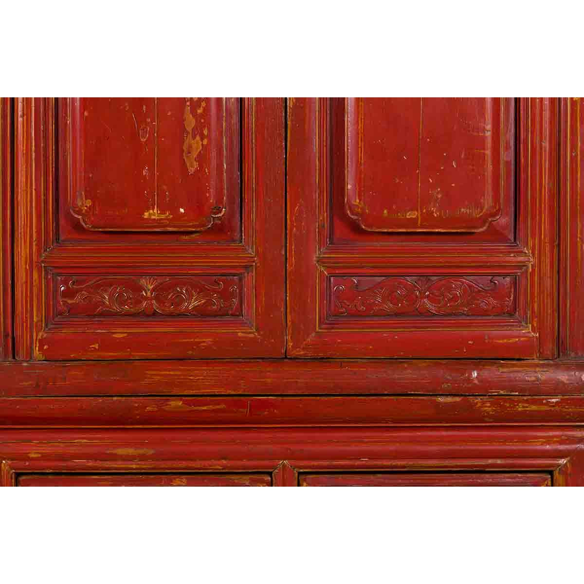 Qing Dynasty 19th Century Red Lacquer Compound Cabinet with Raised Panels-11. Asian & Chinese Furniture, Art, Antiques, Vintage Home Décor for sale at FEA Home