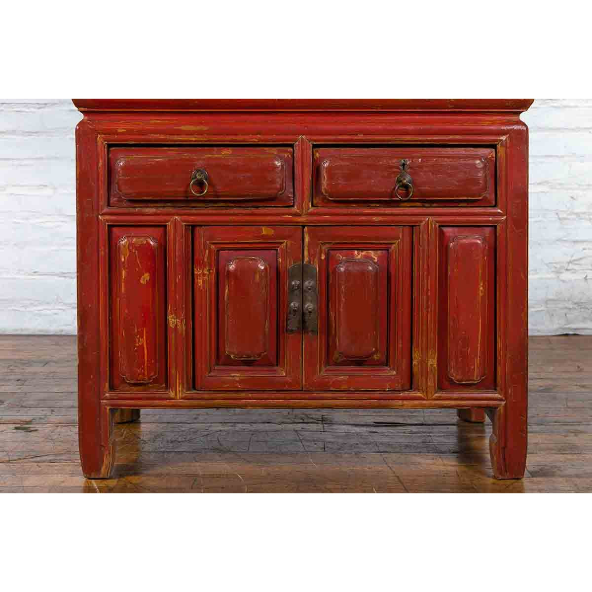 Qing Dynasty 19th Century Red Lacquer Compound Cabinet with Raised Panels-12. Asian & Chinese Furniture, Art, Antiques, Vintage Home Décor for sale at FEA Home