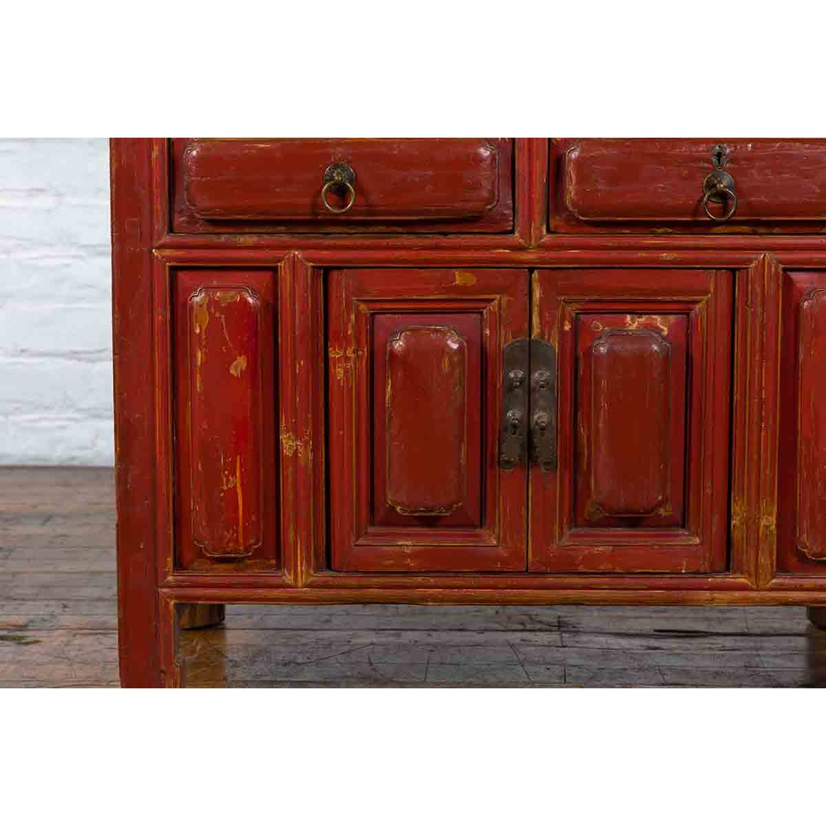 Qing Dynasty 19th Century Red Lacquer Compound Cabinet with Raised Panels-13. Asian & Chinese Furniture, Art, Antiques, Vintage Home Décor for sale at FEA Home