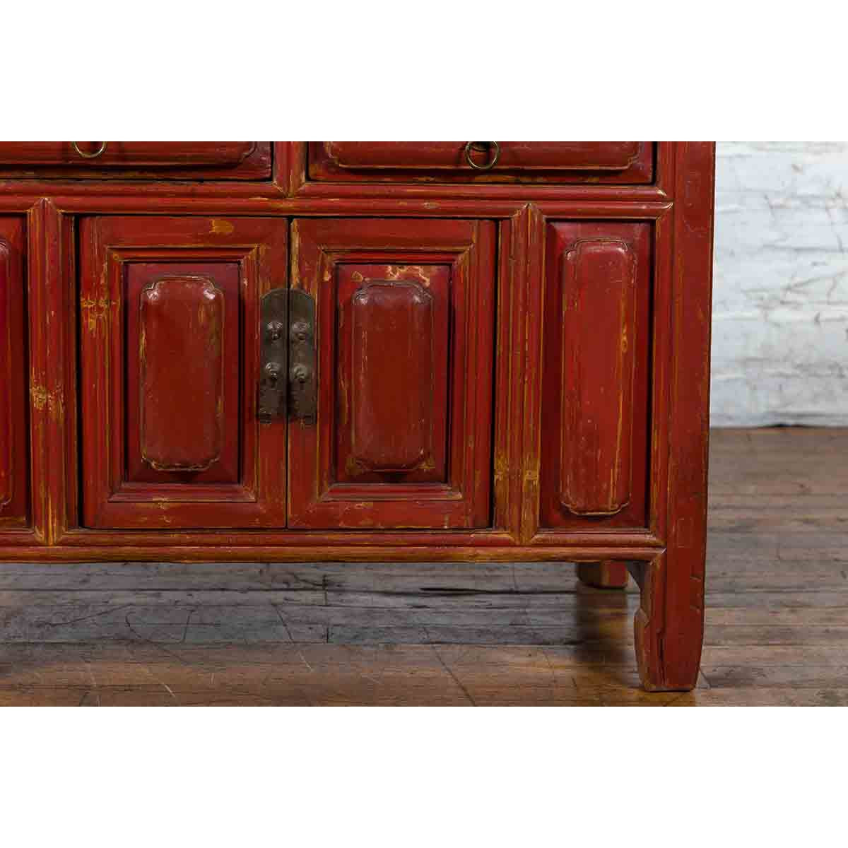 Qing Dynasty 19th Century Red Lacquer Compound Cabinet with Raised Panels-5. Asian & Chinese Furniture, Art, Antiques, Vintage Home Décor for sale at FEA Home