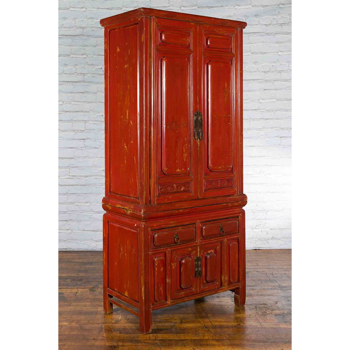 Qing Dynasty 19th Century Red Lacquer Compound Cabinet with Raised Panels-3. Asian & Chinese Furniture, Art, Antiques, Vintage Home Décor for sale at FEA Home