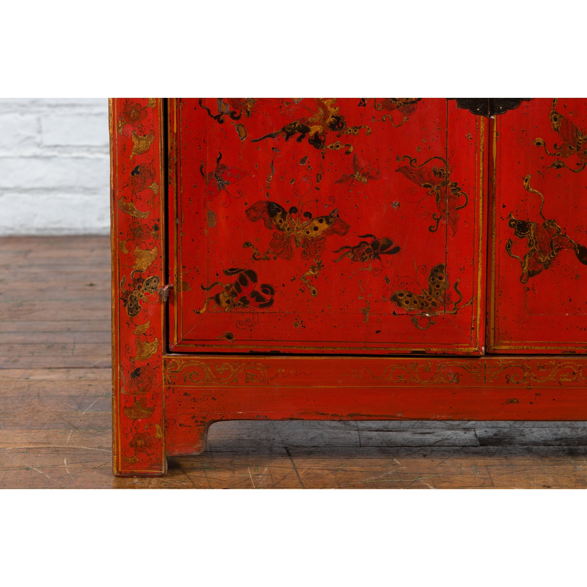 Chinese Qing Dynasty 19th Century Red Lacquer Cabinet with Butterfly Décor-10. Asian & Chinese Furniture, Art, Antiques, Vintage Home Décor for sale at FEA Home
