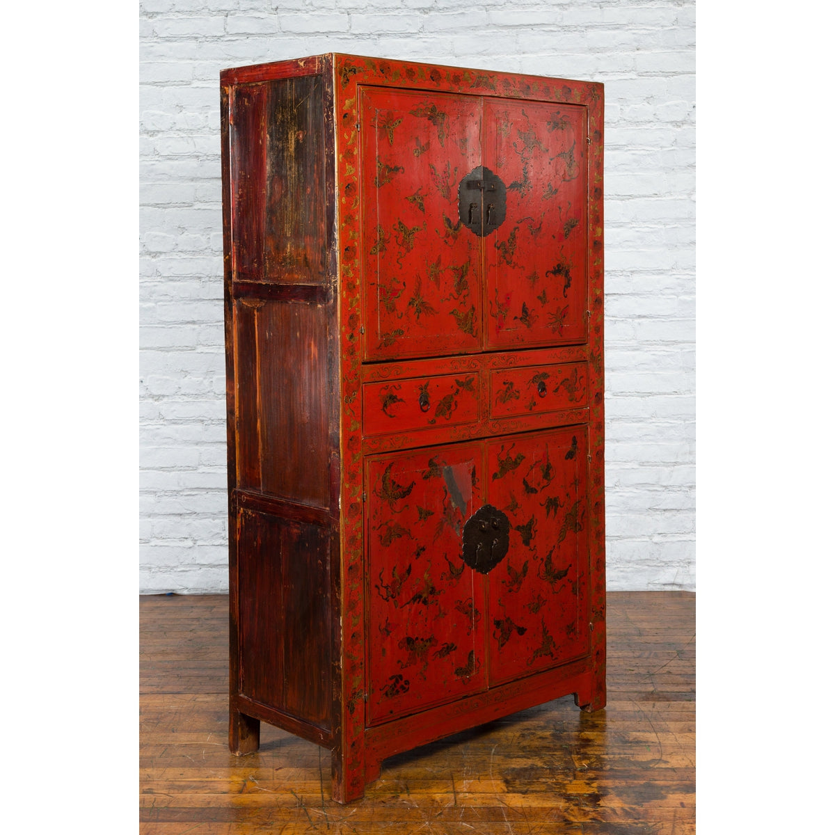 Chinese Qing Dynasty 19th Century Red Lacquer Cabinet with Butterfly Décor-12. Asian & Chinese Furniture, Art, Antiques, Vintage Home Décor for sale at FEA Home