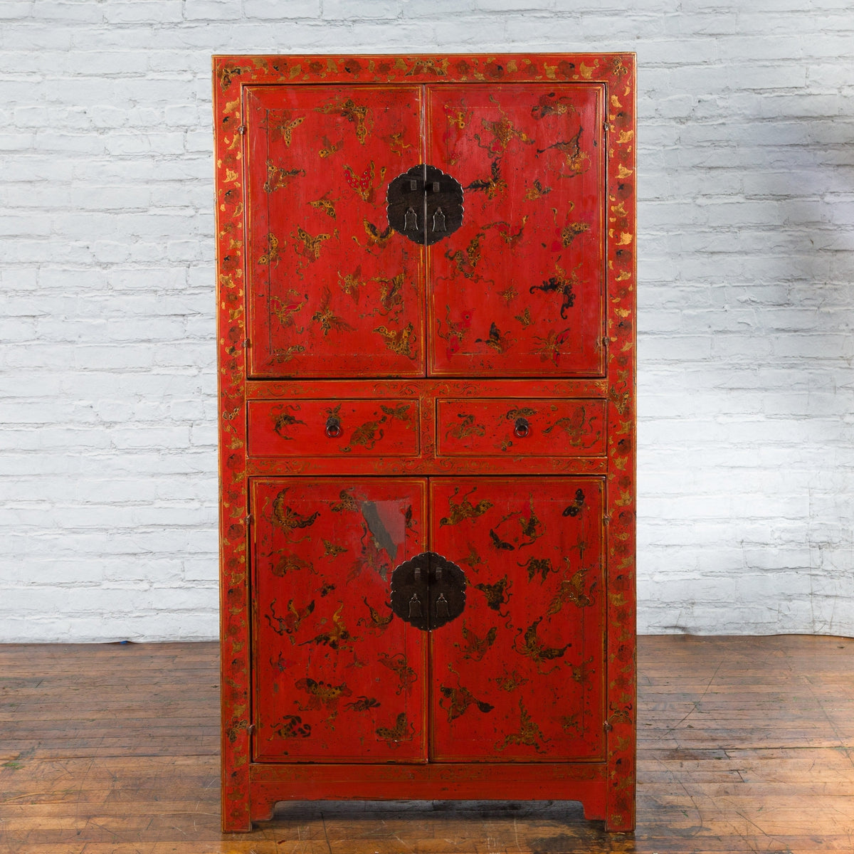 Chinese Qing Dynasty 19th Century Red Lacquer Cabinet with Butterfly Décor-4. Asian & Chinese Furniture, Art, Antiques, Vintage Home Décor for sale at FEA Home