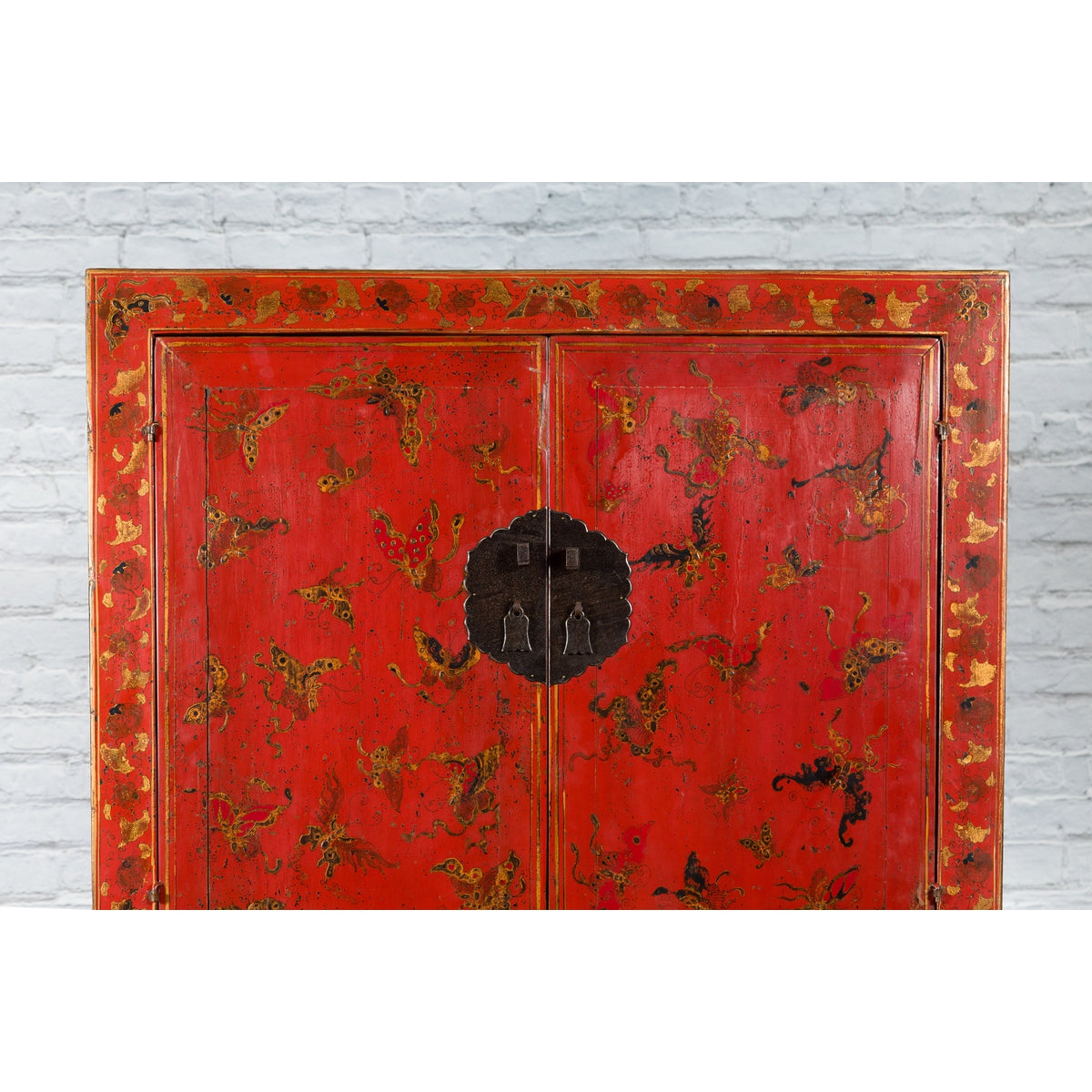 Chinese Qing Dynasty 19th Century Red Lacquer Cabinet with Butterfly Décor-5. Asian & Chinese Furniture, Art, Antiques, Vintage Home Décor for sale at FEA Home