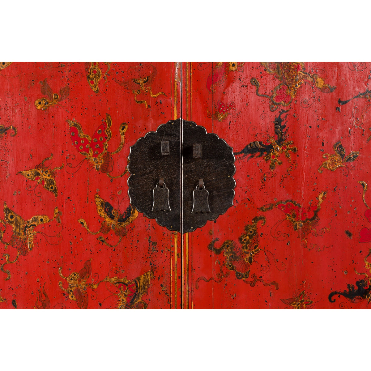 Chinese Qing Dynasty 19th Century Red Lacquer Cabinet with Butterfly Décor-6. Asian & Chinese Furniture, Art, Antiques, Vintage Home Décor for sale at FEA Home