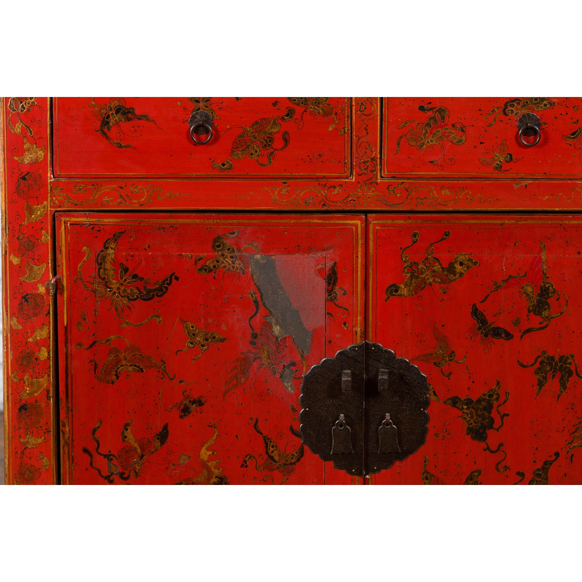 Chinese Qing Dynasty 19th Century Red Lacquer Cabinet with Butterfly Décor-8. Asian & Chinese Furniture, Art, Antiques, Vintage Home Décor for sale at FEA Home