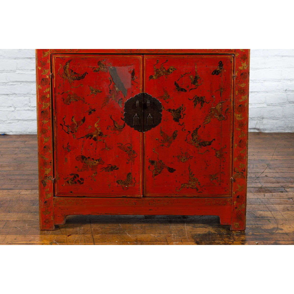 Chinese Qing Dynasty 19th Century Red Lacquer Cabinet with Butterfly Décor-9. Asian & Chinese Furniture, Art, Antiques, Vintage Home Décor for sale at FEA Home