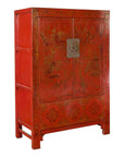 Red lacquer wood cabinet with gilded Chinoiserie, floral and bird motifs, 19th-century Qing Dynasty, metal handles.