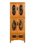 Dark wood Chinese Qing Dynasty cabinet with four chinoiserie panels, metal handles, and gold landscape detailing.