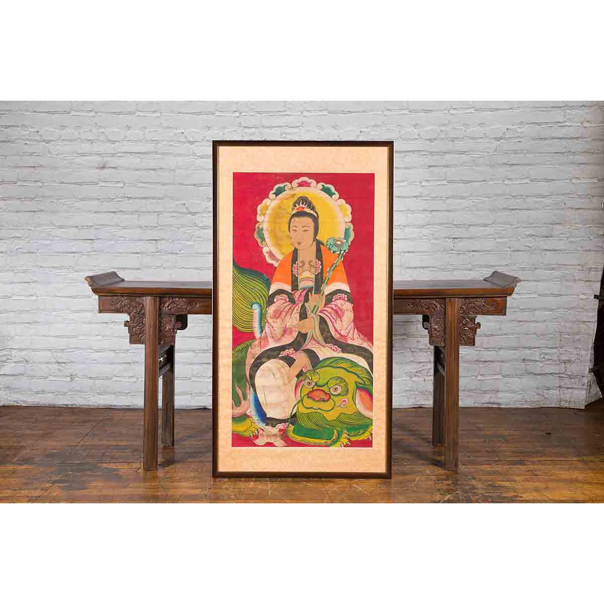 Large Framed Indian 19th Century Painting of Guanyin Sitting on a Dragon-3. Asian & Chinese Furniture, Art, Antiques, Vintage Home Décor for sale at FEA Home