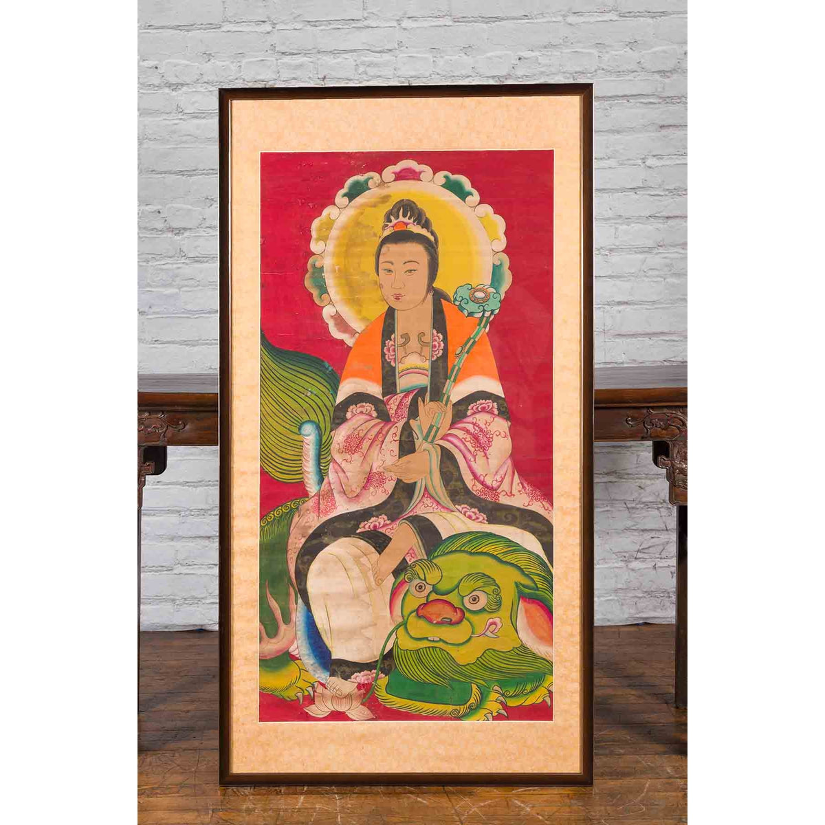 Large Framed Indian 19th Century Painting of Guanyin Sitting on a Dragon-4. Asian & Chinese Furniture, Art, Antiques, Vintage Home Décor for sale at FEA Home