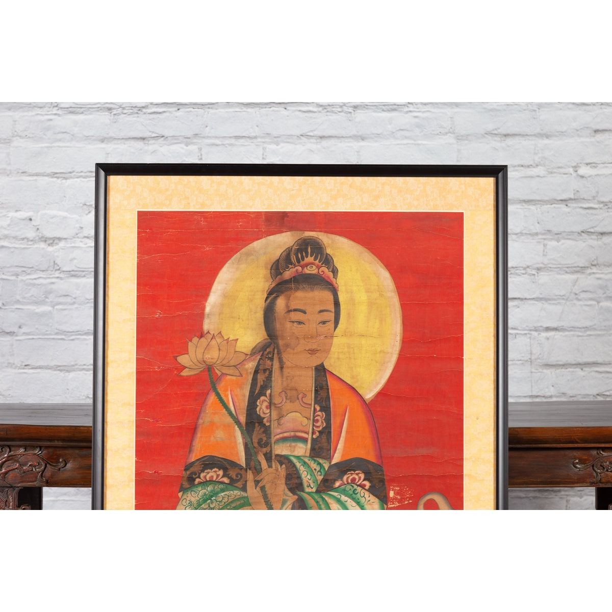 19th Century Indian Print with Guanyin the Bodhisattva of Compassion on Elephant-4. Asian & Chinese Furniture, Art, Antiques, Vintage Home Décor for sale at FEA Home