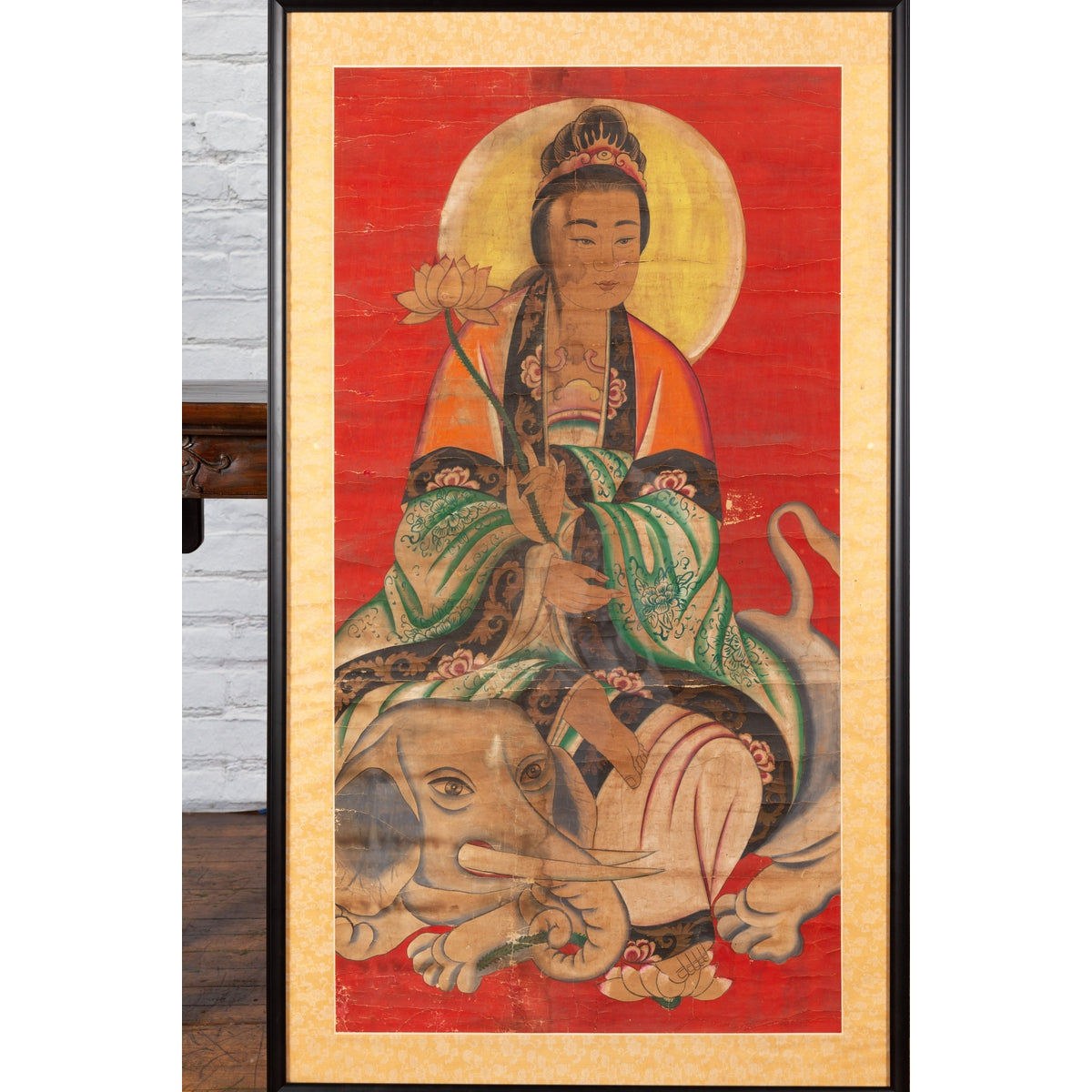 19th Century Indian Print with Guanyin the Bodhisattva of Compassion on Elephant-6. Asian & Chinese Furniture, Art, Antiques, Vintage Home Décor for sale at FEA Home