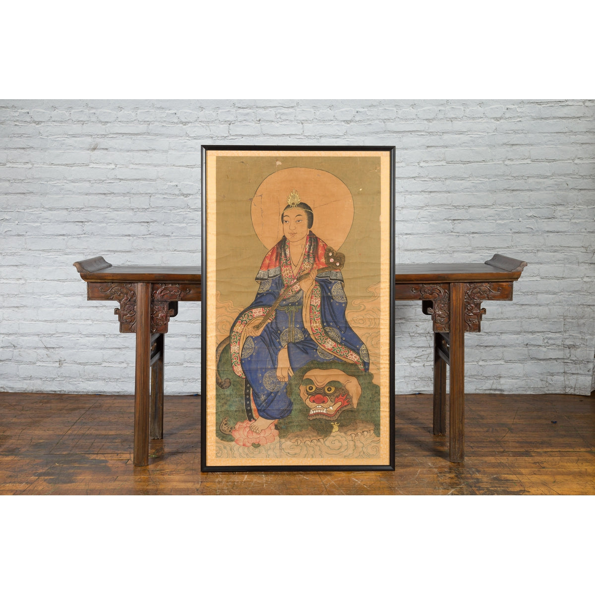 Large Framed Indian 19th Century Painting of Guanyin Sitting on a Dragon-2. Asian & Chinese Furniture, Art, Antiques, Vintage Home Décor for sale at FEA Home