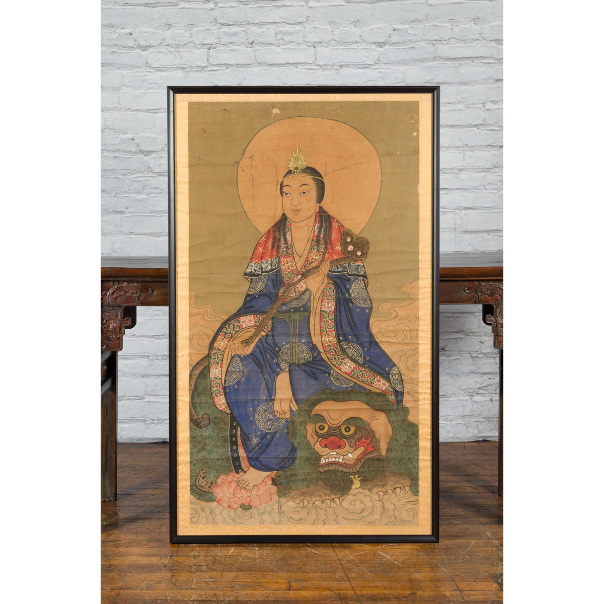 Large Framed Indian 19th Century Painting of Guanyin Sitting on a Dragon-3. Asian & Chinese Furniture, Art, Antiques, Vintage Home Décor for sale at FEA Home