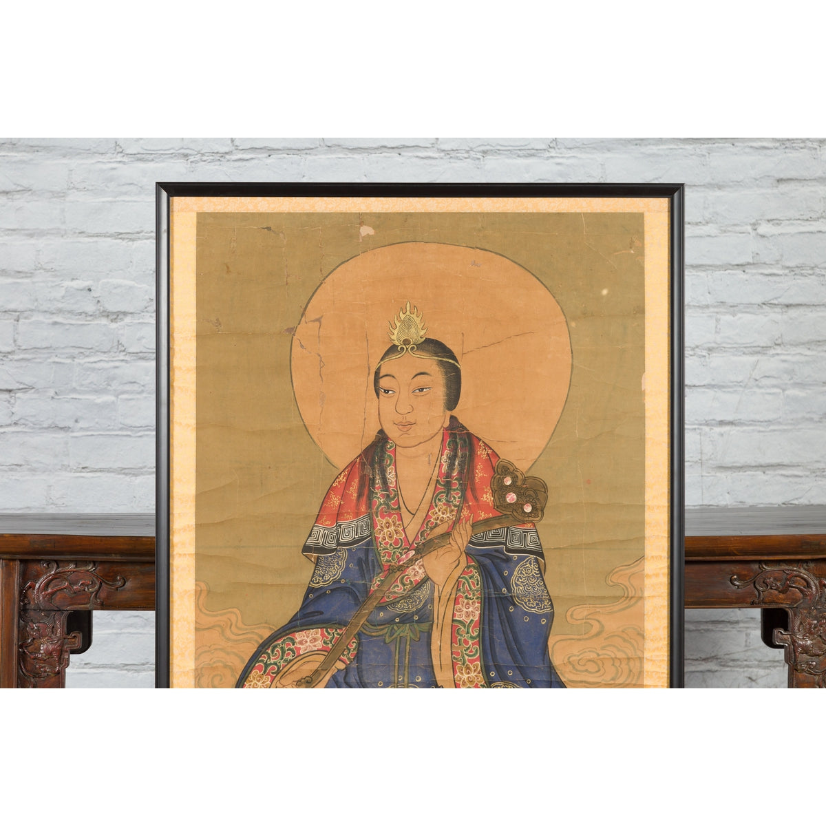 Large Framed Indian 19th Century Painting of Guanyin Sitting on a Dragon-4. Asian & Chinese Furniture, Art, Antiques, Vintage Home Décor for sale at FEA Home