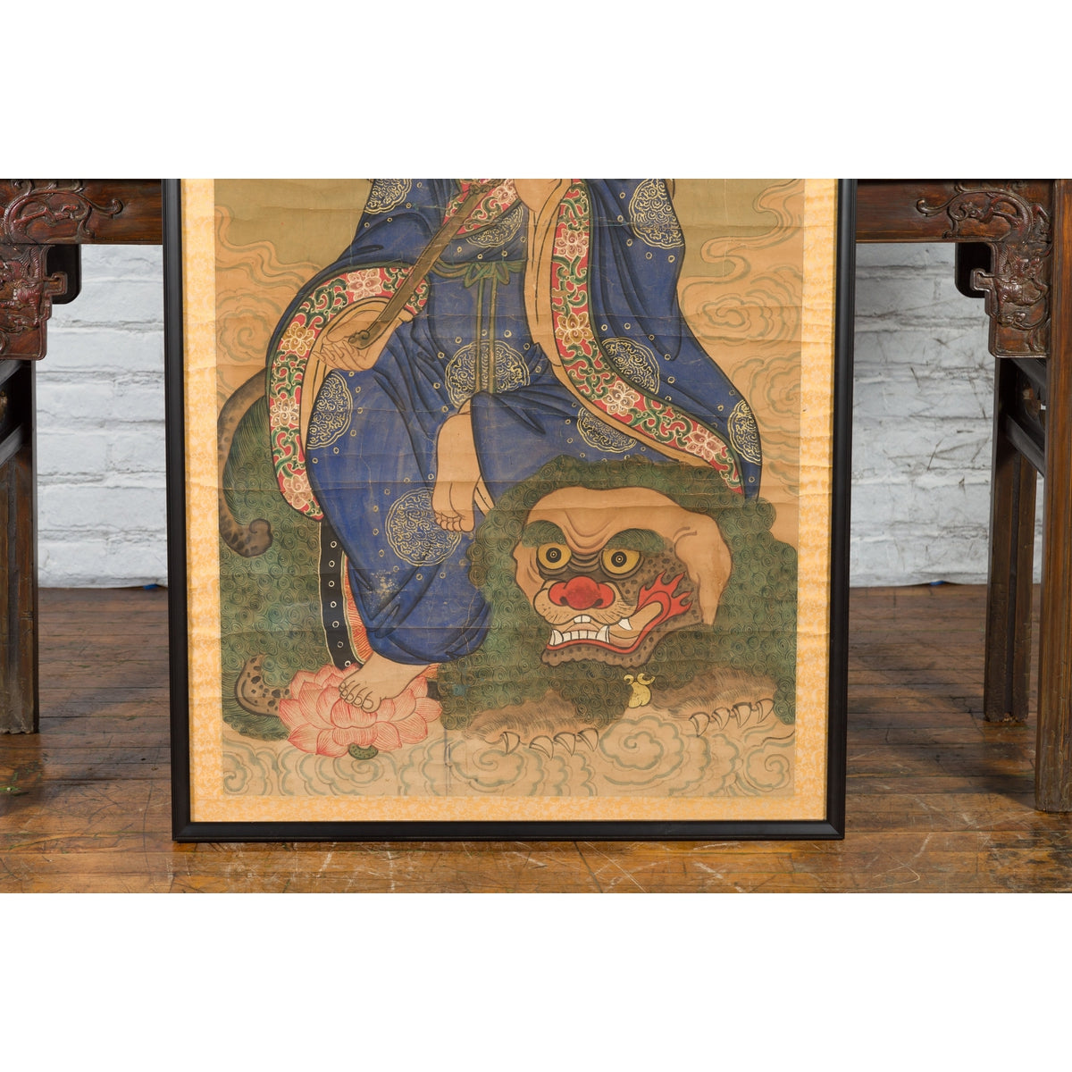 Large Framed Indian 19th Century Painting of Guanyin Sitting on a Dragon-5. Asian & Chinese Furniture, Art, Antiques, Vintage Home Décor for sale at FEA Home