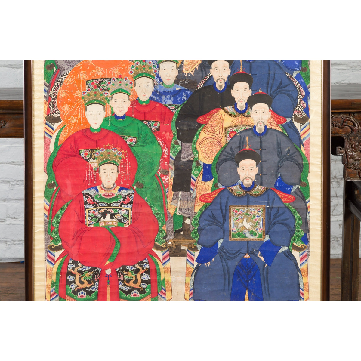 Chinese Qing Dynasty Period 19th Century Ancestor Group Portrait in Custom Frame-6. Asian & Chinese Furniture, Art, Antiques, Vintage Home Décor for sale at FEA Home