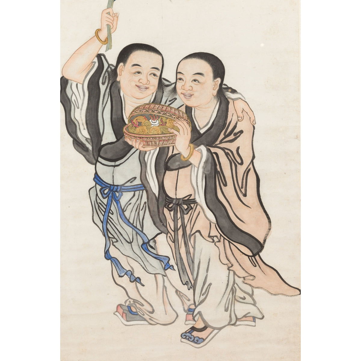 Framed Painting of Two Japanese Buddhist Monks with Lotus Flower and Wicker Box-12. Asian & Chinese Furniture, Art, Antiques, Vintage Home Décor for sale at FEA Home
