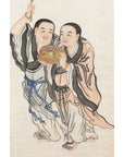 Framed Painting of Two Japanese Buddhist Monks with Lotus Flower and Wicker Box-12. Asian & Chinese Furniture, Art, Antiques, Vintage Home Décor for sale at FEA Home