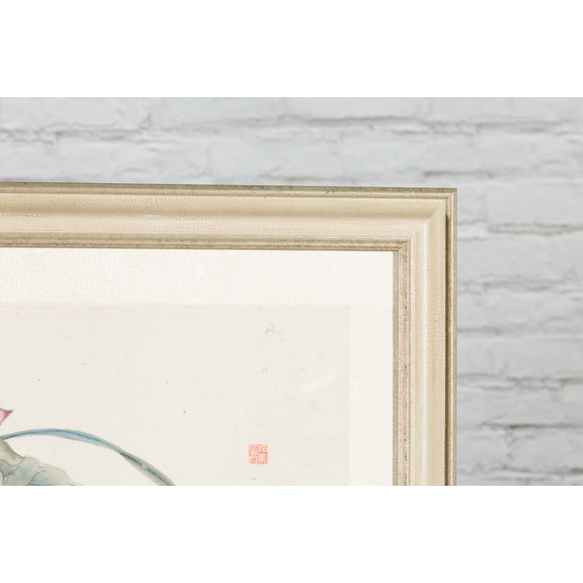 Framed Painting of Two Japanese Buddhist Monks with Lotus Flower and Wicker Box-14. Asian & Chinese Furniture, Art, Antiques, Vintage Home Décor for sale at FEA Home