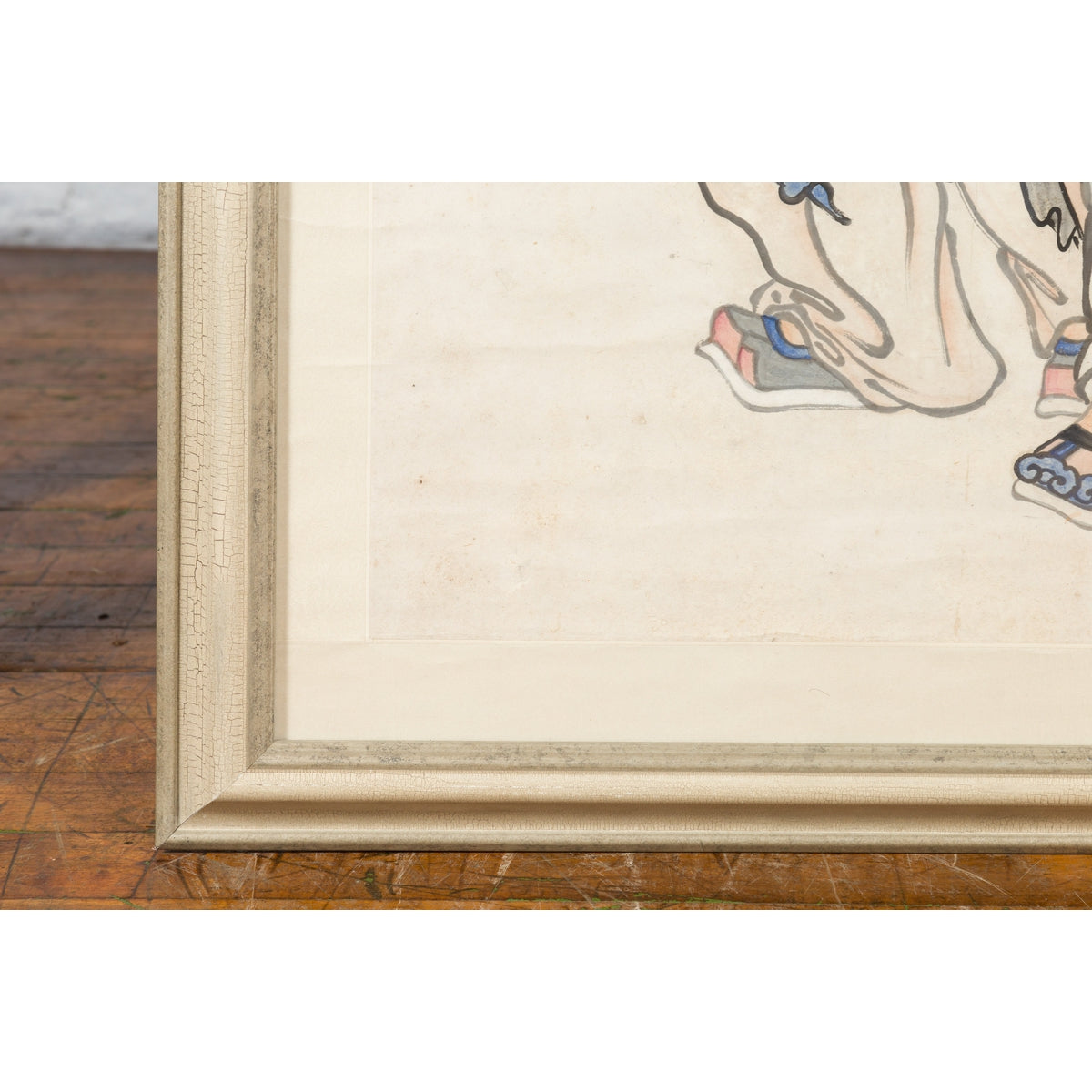 Framed Painting of Two Japanese Buddhist Monks with Lotus Flower and Wicker Box-15. Asian & Chinese Furniture, Art, Antiques, Vintage Home Décor for sale at FEA Home