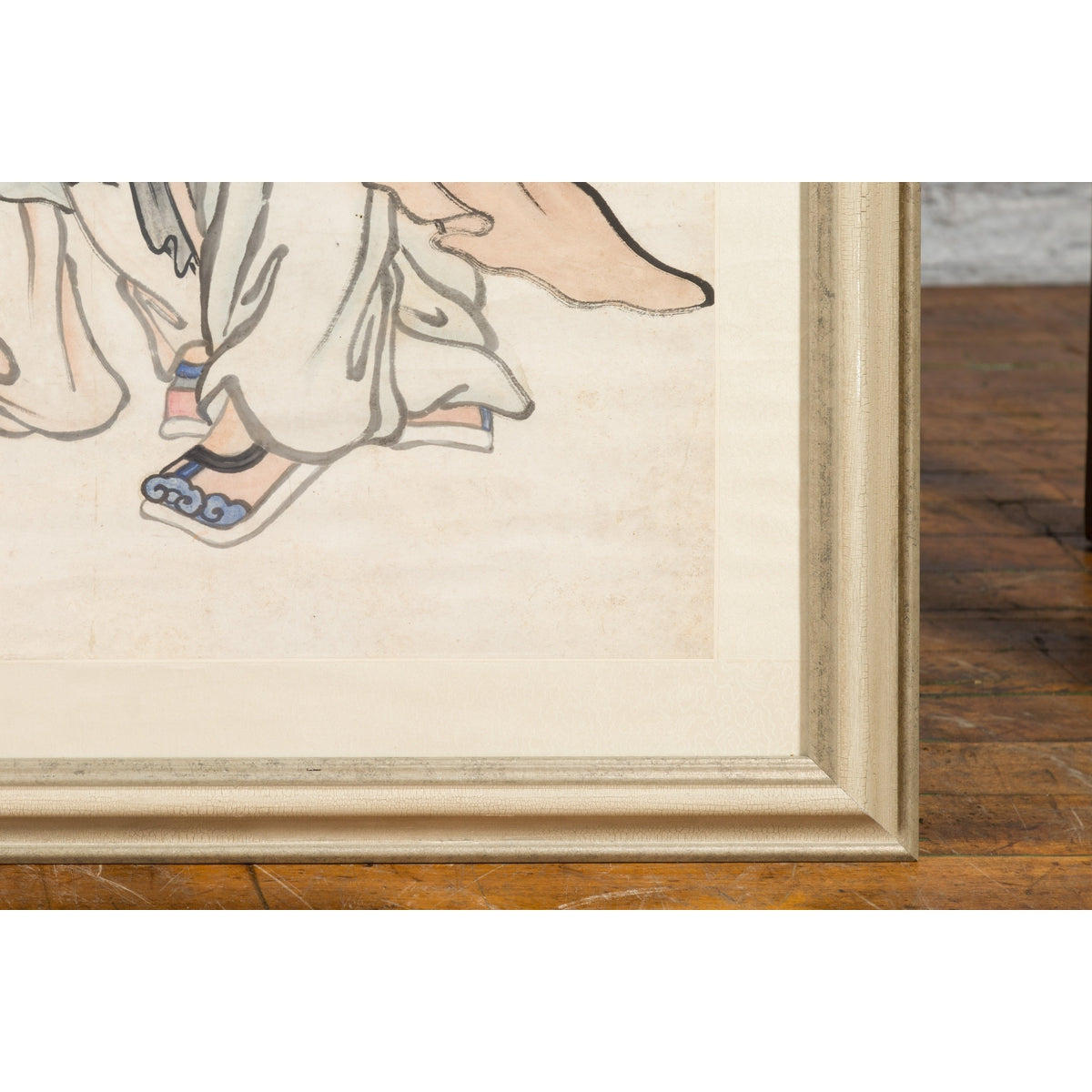 Framed Painting of Two Japanese Buddhist Monks with Lotus Flower and Wicker Box-16. Asian & Chinese Furniture, Art, Antiques, Vintage Home Décor for sale at FEA Home