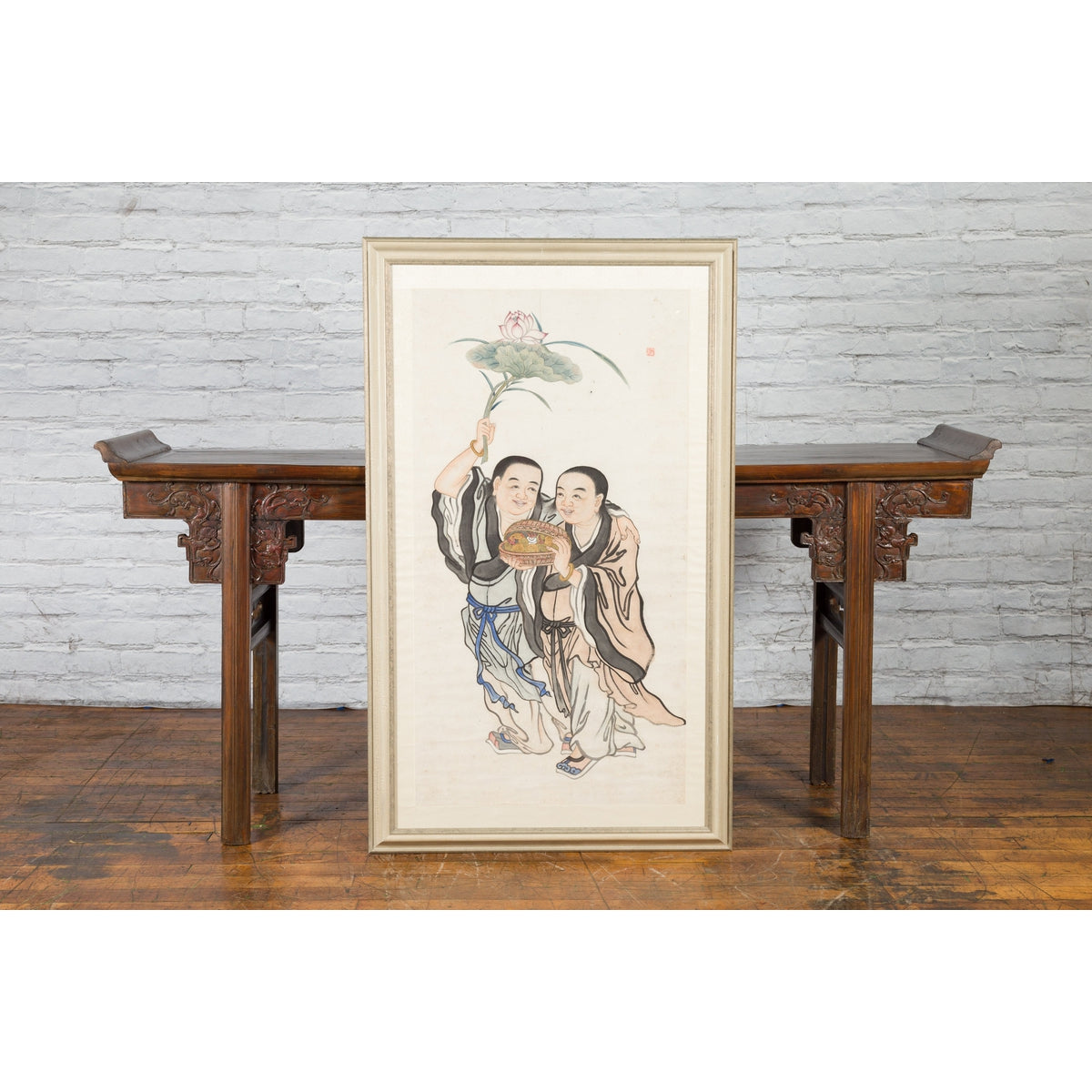 Framed Painting of Two Japanese Buddhist Monks with Lotus Flower and Wicker Box-3. Asian & Chinese Furniture, Art, Antiques, Vintage Home Décor for sale at FEA Home