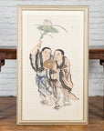 Framed Painting of Two Japanese Buddhist Monks with Lotus Flower and Wicker Box-2. Asian & Chinese Furniture, Art, Antiques, Vintage Home Décor for sale at FEA Home