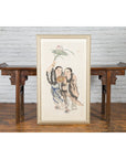 Framed Painting of Two Japanese Buddhist Monks with Lotus Flower and Wicker Box-3. Asian & Chinese Furniture, Art, Antiques, Vintage Home Décor for sale at FEA Home
