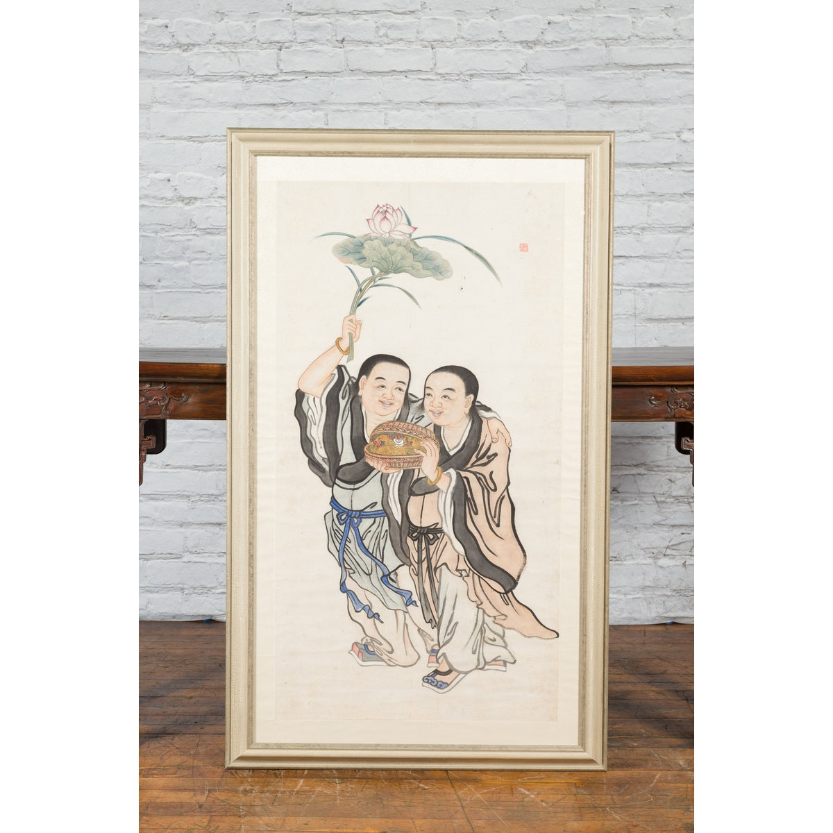 Framed Painting of Two Japanese Buddhist Monks with Lotus Flower and Wicker Box-4. Asian & Chinese Furniture, Art, Antiques, Vintage Home Décor for sale at FEA Home