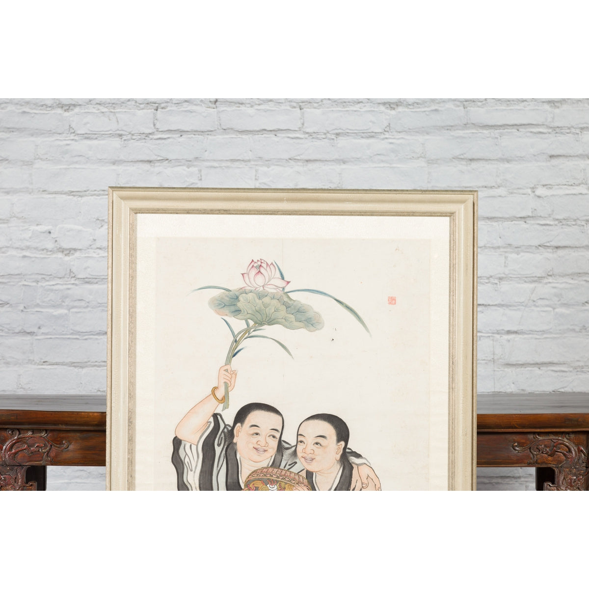 Framed Painting of Two Japanese Buddhist Monks with Lotus Flower and Wicker Box-5. Asian & Chinese Furniture, Art, Antiques, Vintage Home Décor for sale at FEA Home